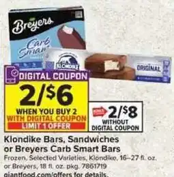 Giant Food Klondike Bars or Breyers Carb Smart Bars offer