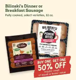 Sprouts Farmers Market Bilinski's Dinner or Breakfast Sausage offer
