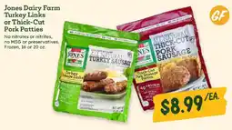 Sprouts Farmers Market Jones Dairy Farm turkey links or thick-cut pork patties offer