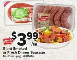 Giant Food Giant Smoked or Fresh Dinner Sausage offer