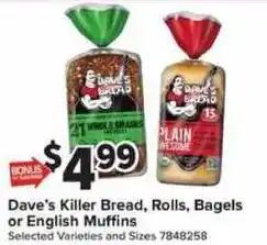 Giant Food Dave's Killer Bread, Rolls, Bagels or English Muffins offer
