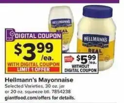 Giant Food Hellmann's Mayonnaise offer