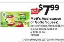 Giant Food Mott's Applesauce or GoGo SqueezeZ offer