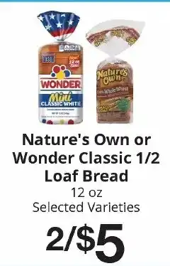 Hays Supermarket Nature's Own or Wonder Classic 1/2 Loaf Bread offer