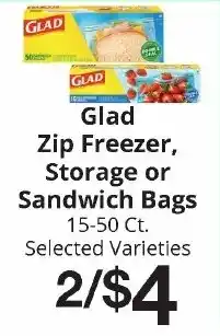 Hays Supermarket Glad zip freezer, storage or sandwich bags offer