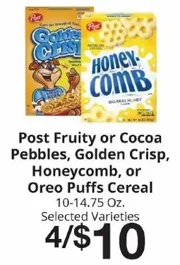 Hays Supermarket Post Fruity or Cocoa Pebbles, Golden Crisp, Honeycomb, or Oreo Puffs Cereal offer