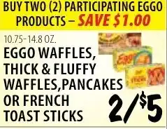 Karns Eggo waffles, thick & fluffy waffles, pancakes or french toast sticks offer