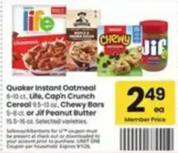 Safeway Quaker Instant Oatmeal, Life, Cap'n Crunch Cereal or Jif Peanut Butter offer