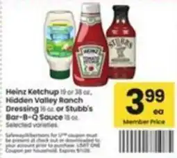 Safeway Heinz Ketchup or Hidden Valley Ranch Dressing or Stubb's Bar-B-Q Sauce offer