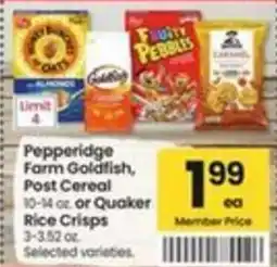 Safeway Pepperidge Farm Goldfish, Post Cereal or Quaker Rice Crisps offer