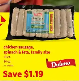 Lidl Dulano chicken sausage, spinach & feta offer