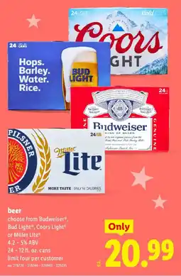 Lidl Beer choose from Budweiser, Bud Light, Coors Light or Miller Lite offer