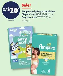 Family Dollar Pampers Baby Dry or Swaddlers Diapers Sizes NB-7, 16-32 ct. or Easy Ups Sizes 3T-7T, 13-22 ct offer
