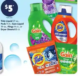 Family Dollar Tide Liquid 27 oz., Pods 11 ct., Gain Liquid 39 oz., Flings 14 ct., or Dryer Sheets 105 ct offer