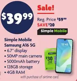 Family Dollar Simple Mobile Samsung A16 offer