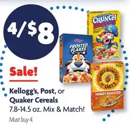 Family Dollar Kellogg's, Post, or Quaker Cereals offer