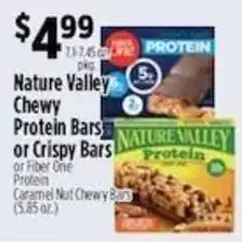 Pioneer Supermarkets Nature Valley Chewy Protein Bars or Crispy Bars or Fiber One Protein Caramel Nut Chewy Bars offer