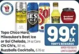 Tony’s Fresh Market Topo Chico Hard, Milwaukee's Best Ice or Sol Chelada offer