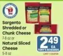 Tony’s Fresh Market Sargento shredded or chunk cheese offer