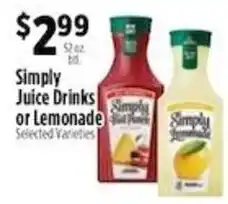 Pioneer Supermarkets Simply Juice Drinks or Lemonade offer