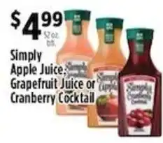 Pioneer Supermarkets Simply Apple Juice Grapefruit Juice or Cranberry Cocktail offer