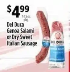 Pioneer Supermarkets Del Duca Genoa Salami or Dry Sweet Italian Sausage offer