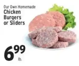 Associated Our own homemade chicken burgers or sliders offer
