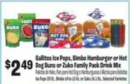 Food City Galilotos Ice Pops, Bimbo Hamburger or Hot Dog Buns or Zuko Family Pack Drink Mix offer
