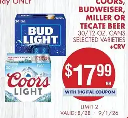 Smart & Final Coors, Budweiser, Miller or Tecate beer offer