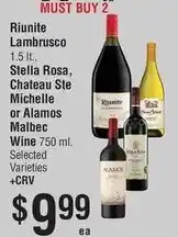 Smart & Final Riunite Lambrusco, Stella Rosa, Chateau Ste Michelle or Alamos Malbec Wine offer
