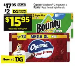 Dollar General Charmin Ultra Strong 12 Mega XL rolls or Bounty Paper Towels 6 Triple Plus rolls offer