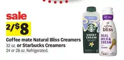 Meijer Coffee mate Natural Bliss Creamers 32 oz. or Starbucks Creamers 24 or 28 oz offer