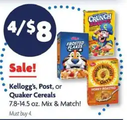 Family Dollar Kellogg's, Post, or Quaker Cereals offer
