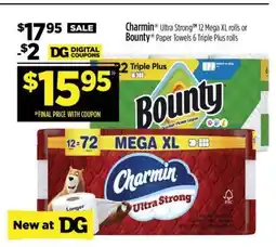 Dollar General Charmin Ultra Strong 12 Mega XL rolls or Bounty Paper Towels 6 Triple Plus rolls offer
