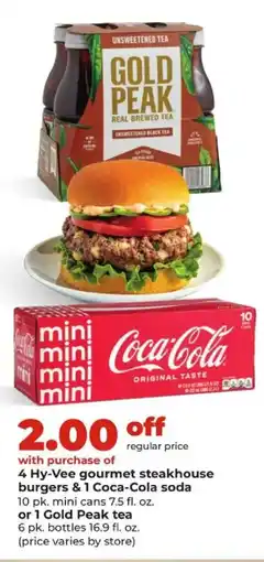 Hy-Vee 4 Hy-Vee gourmet steakhouse burgers & 1 Coca-Cola soda offer