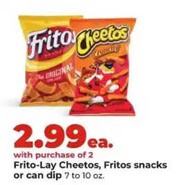 Hy-Vee Frito-Lay Cheetos, Fritos snacks or can dip offer