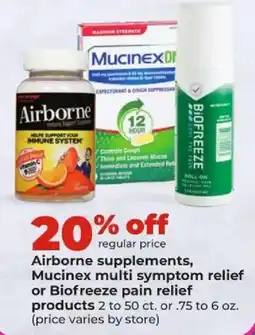 Hy-Vee Airborne supplements, Mucinex multi symptom relief or Biofreeze pain relief products offer