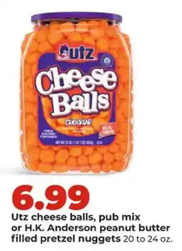 Hy-Vee Utz cheese balls, pub mix or H.K. Anderson peanut butter filled pretzel nuggets offer