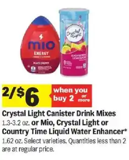 Meijer Crystal Light Canister Drink Mixes or Mio, Crystal Light or Country Time Liquid Water Enhancer offer