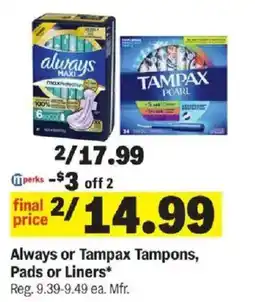 Meijer Always or Tampax Tampons, Pads or Liners offer