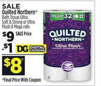 Dollar General Quilted Northern® Bath Tissue Ultra Soft & Strong Or Ultra Plush 8 Mega Rolls offer
