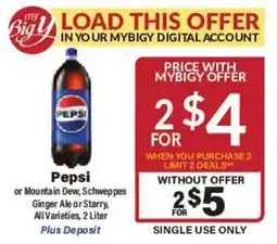 Big Y Pepsi or Mountain Dew, Schweppes Ginger Ale or Starry, All Varieties offer