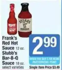 Shaw's Frank's Red Hot Sauce, Stubb's Bar-B-Q Sauce offer