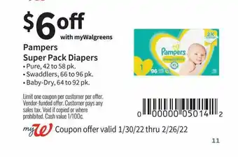 Walgreens Pampers Super Pack Diapers Pure, Swaddlers Or Baby-Dry offer