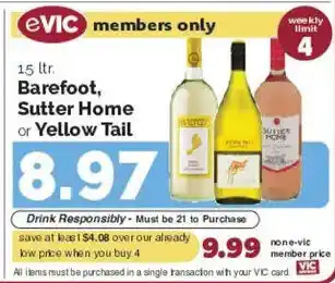 Harris Teeter Barefoot, Sutter Home or Yellow Tail offer