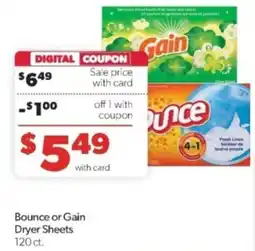 Family Fare Bounce or Gain Dryer Sheets offer