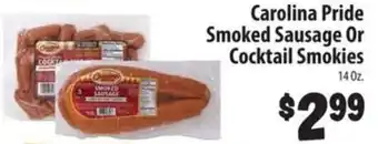 Food Giant Carolina Pride smoked sausage or cocktail smokies offer
