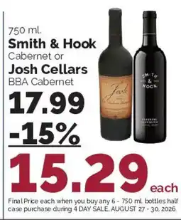 Harris Teeter Smith & Hook Cabernet or Josh Cellars BBA Cabernet offer