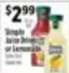 Pioneer Supermarkets Simple Juice Drink or Lemonade offer