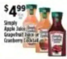 Pioneer Supermarkets Simply Apple Juice, Grapefruit Juice or Cranberry Cocktail offer